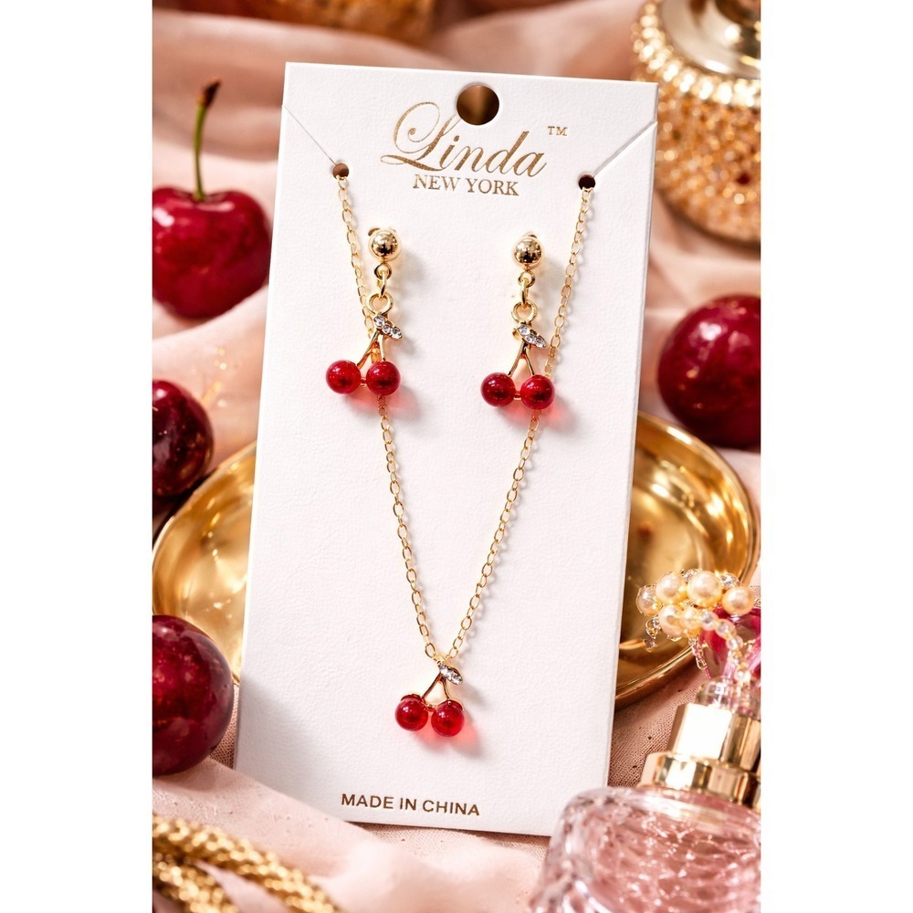 Gold cherry 🍒 necklace and earring set: Dainty coquette jewelry